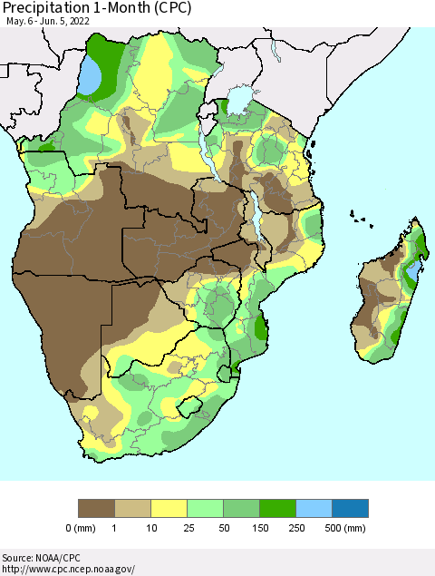 Southern Africa Precipitation 1-Month (CPC) Thematic Map For 5/6/2022 - 6/5/2022