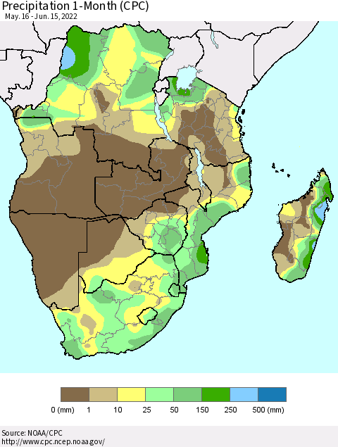 Southern Africa Precipitation 1-Month (CPC) Thematic Map For 5/16/2022 - 6/15/2022