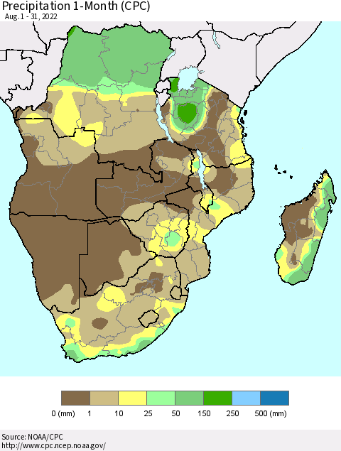 Southern Africa Precipitation 1-Month (CPC) Thematic Map For 8/1/2022 - 8/31/2022