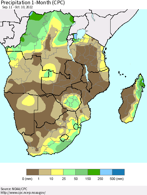 Southern Africa Precipitation 1-Month (CPC) Thematic Map For 9/11/2022 - 10/10/2022
