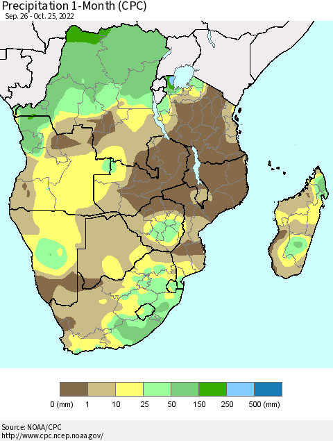 Southern Africa Precipitation 1-Month (CPC) Thematic Map For 9/26/2022 - 10/25/2022