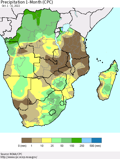 Southern Africa Precipitation 1-Month (CPC) Thematic Map For 10/1/2022 - 10/31/2022