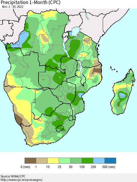 Southern Africa Precipitation 1-Month (CPC) Thematic Map For 11/1/2022 - 11/30/2022