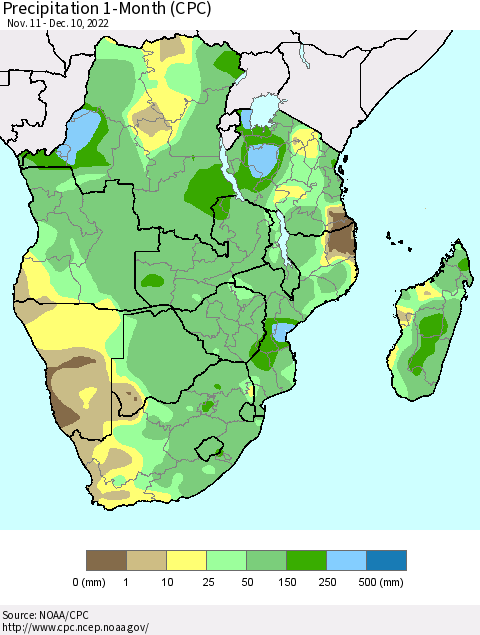 Southern Africa Precipitation 1-Month (CPC) Thematic Map For 11/11/2022 - 12/10/2022