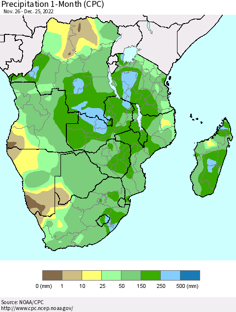 Southern Africa Precipitation 1-Month (CPC) Thematic Map For 11/26/2022 - 12/25/2022