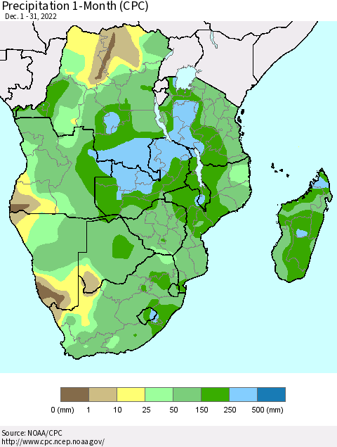 Southern Africa Precipitation 1-Month (CPC) Thematic Map For 12/1/2022 - 12/31/2022