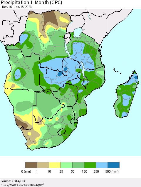 Southern Africa Precipitation 1-Month (CPC) Thematic Map For 12/16/2022 - 1/15/2023