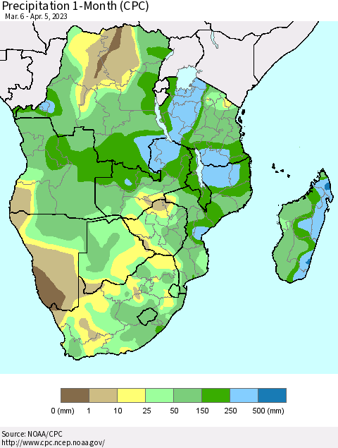 Southern Africa Precipitation 1-Month (CPC) Thematic Map For 3/6/2023 - 4/5/2023