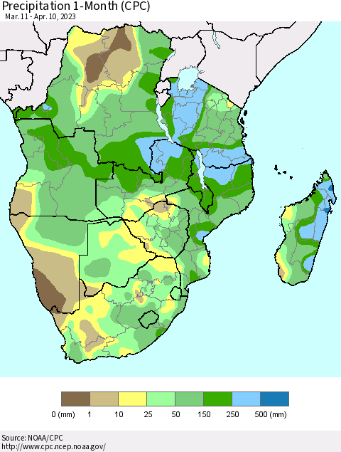 Southern Africa Precipitation 1-Month (CPC) Thematic Map For 3/11/2023 - 4/10/2023