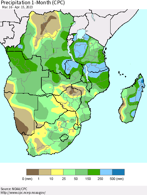 Southern Africa Precipitation 1-Month (CPC) Thematic Map For 3/16/2023 - 4/15/2023