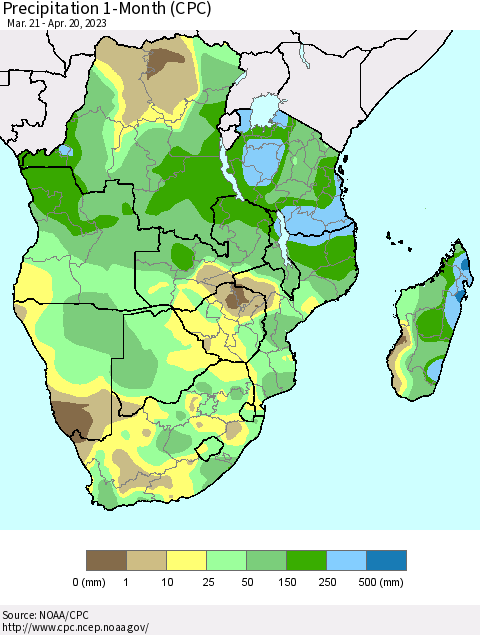 Southern Africa Precipitation 1-Month (CPC) Thematic Map For 3/21/2023 - 4/20/2023