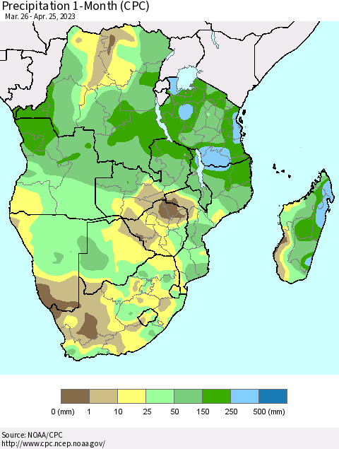 Southern Africa Precipitation 1-Month (CPC) Thematic Map For 3/26/2023 - 4/25/2023