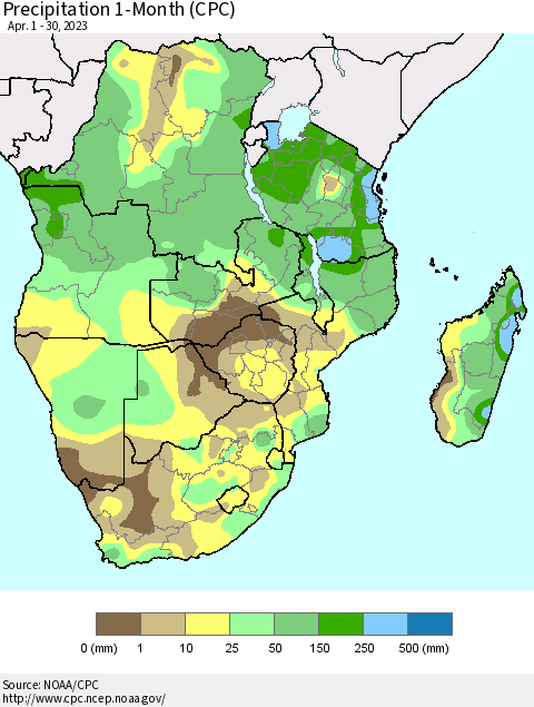 Southern Africa Precipitation 1-Month (CPC) Thematic Map For 4/1/2023 - 4/30/2023