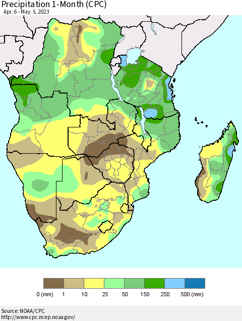 Southern Africa Precipitation 1-Month (CPC) Thematic Map For 4/6/2023 - 5/5/2023