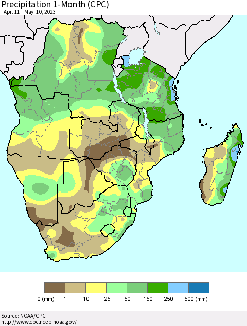 Southern Africa Precipitation 1-Month (CPC) Thematic Map For 4/11/2023 - 5/10/2023