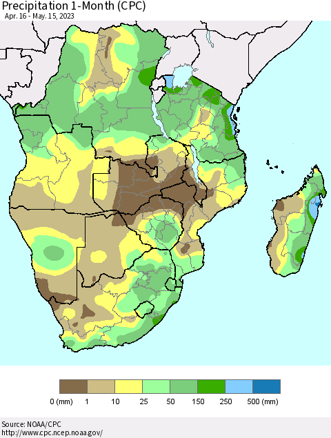 Southern Africa Precipitation 1-Month (CPC) Thematic Map For 4/16/2023 - 5/15/2023