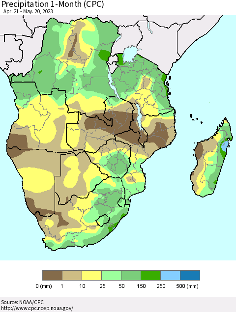 Southern Africa Precipitation 1-Month (CPC) Thematic Map For 4/21/2023 - 5/20/2023