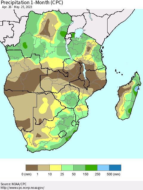 Southern Africa Precipitation 1-Month (CPC) Thematic Map For 4/26/2023 - 5/25/2023