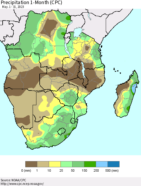 Southern Africa Precipitation 1-Month (CPC) Thematic Map For 5/1/2023 - 5/31/2023