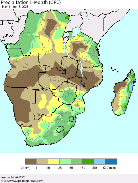 Southern Africa Precipitation 1-Month (CPC) Thematic Map For 5/6/2023 - 6/5/2023