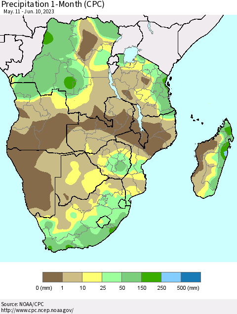 Southern Africa Precipitation 1-Month (CPC) Thematic Map For 5/11/2023 - 6/10/2023