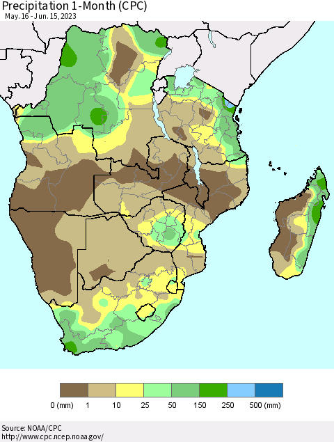 Southern Africa Precipitation 1-Month (CPC) Thematic Map For 5/16/2023 - 6/15/2023