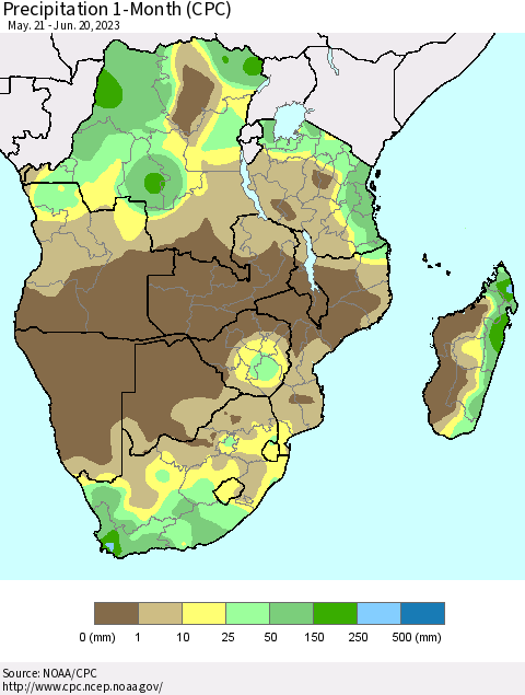 Southern Africa Precipitation 1-Month (CPC) Thematic Map For 5/21/2023 - 6/20/2023