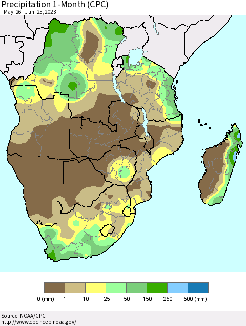 Southern Africa Precipitation 1-Month (CPC) Thematic Map For 5/26/2023 - 6/25/2023
