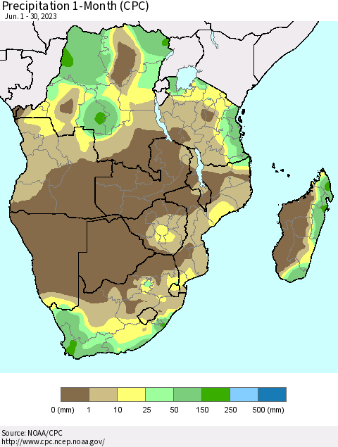 Southern Africa Precipitation 1-Month (CPC) Thematic Map For 6/1/2023 - 6/30/2023