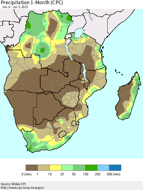 Southern Africa Precipitation 1-Month (CPC) Thematic Map For 6/6/2023 - 7/5/2023