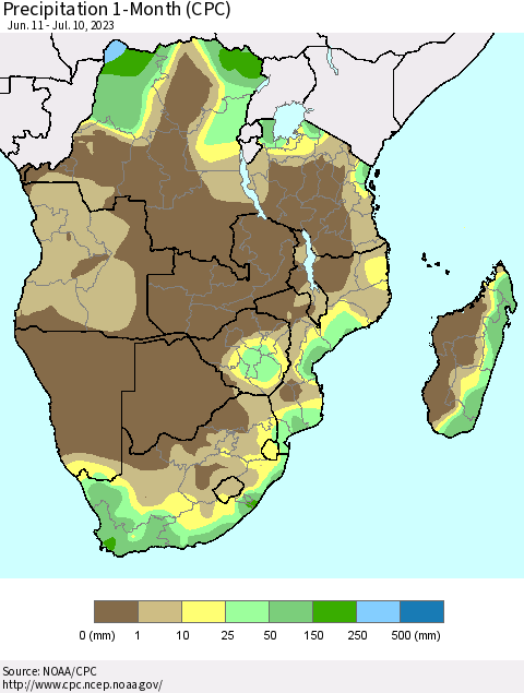 Southern Africa Precipitation 1-Month (CPC) Thematic Map For 6/11/2023 - 7/10/2023
