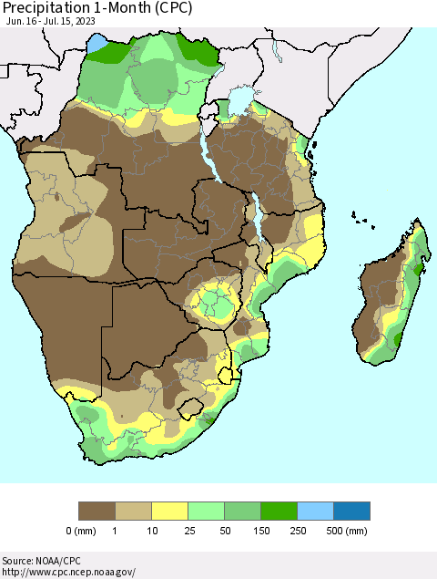 Southern Africa Precipitation 1-Month (CPC) Thematic Map For 6/16/2023 - 7/15/2023