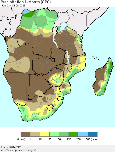 Southern Africa Precipitation 1-Month (CPC) Thematic Map For 6/21/2023 - 7/20/2023