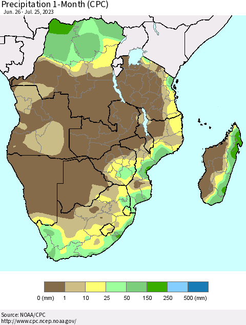 Southern Africa Precipitation 1-Month (CPC) Thematic Map For 6/26/2023 - 7/25/2023