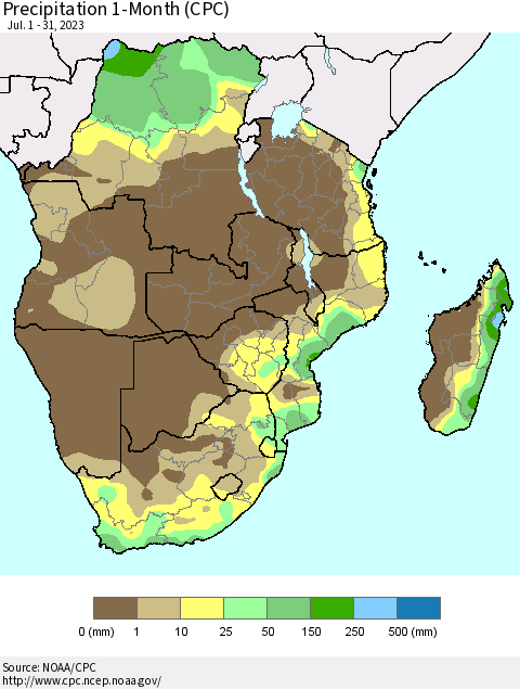 Southern Africa Precipitation 1-Month (CPC) Thematic Map For 7/1/2023 - 7/31/2023