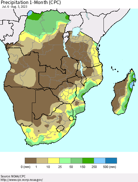 Southern Africa Precipitation 1-Month (CPC) Thematic Map For 7/6/2023 - 8/5/2023