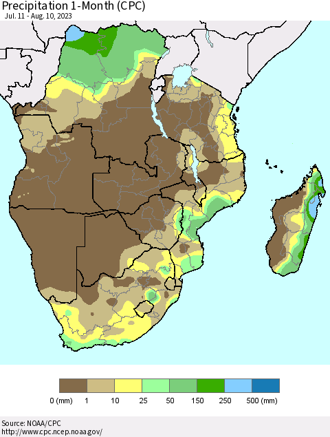 Southern Africa Precipitation 1-Month (CPC) Thematic Map For 7/11/2023 - 8/10/2023