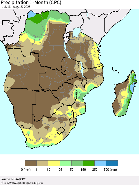Southern Africa Precipitation 1-Month (CPC) Thematic Map For 7/16/2023 - 8/15/2023