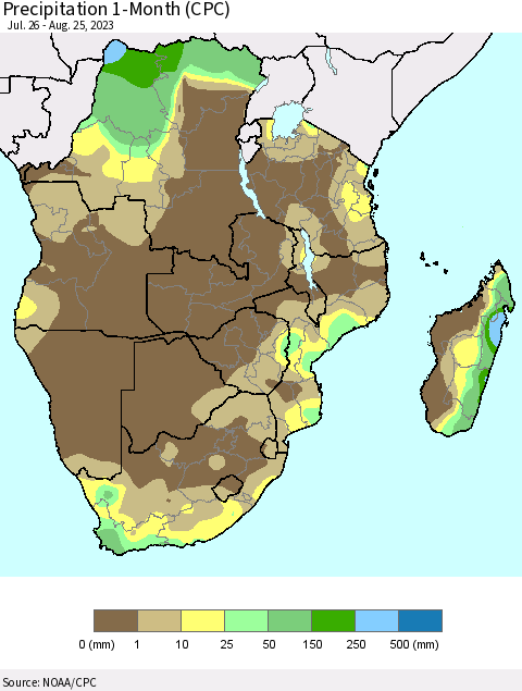 Southern Africa Precipitation 1-Month (CPC) Thematic Map For 7/26/2023 - 8/25/2023