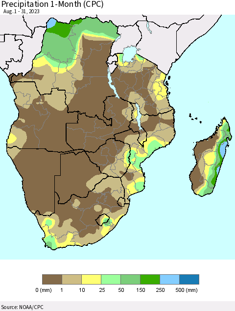 Southern Africa Precipitation 1-Month (CPC) Thematic Map For 8/1/2023 - 8/31/2023