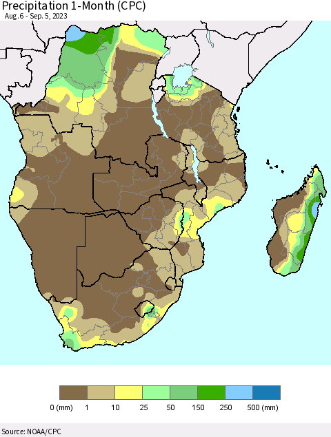 Southern Africa Precipitation 1-Month (CPC) Thematic Map For 8/6/2023 - 9/5/2023