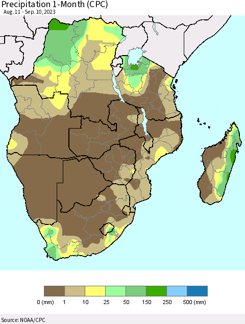 Southern Africa Precipitation 1-Month (CPC) Thematic Map For 8/11/2023 - 9/10/2023