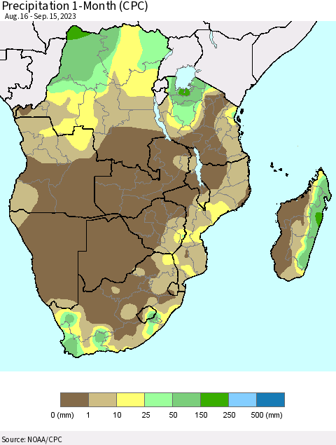 Southern Africa Precipitation 1-Month (CPC) Thematic Map For 8/16/2023 - 9/15/2023