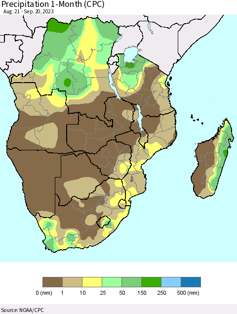 Southern Africa Precipitation 1-Month (CPC) Thematic Map For 8/21/2023 - 9/20/2023
