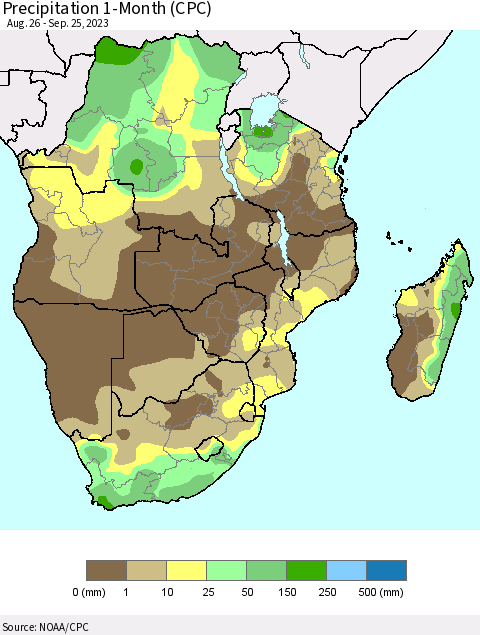 Southern Africa Precipitation 1-Month (CPC) Thematic Map For 8/26/2023 - 9/25/2023