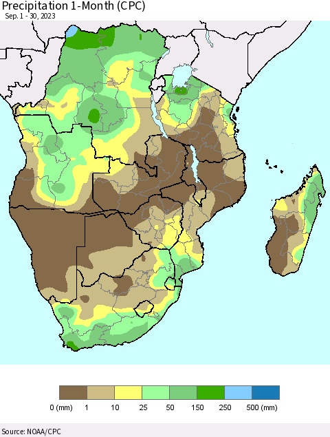 Southern Africa Precipitation 1-Month (CPC) Thematic Map For 9/1/2023 - 9/30/2023