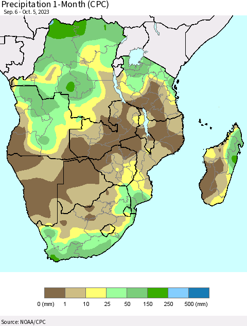 Southern Africa Precipitation 1-Month (CPC) Thematic Map For 9/6/2023 - 10/5/2023