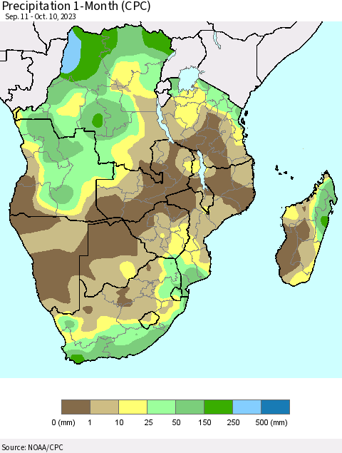 Southern Africa Precipitation 1-Month (CPC) Thematic Map For 9/11/2023 - 10/10/2023
