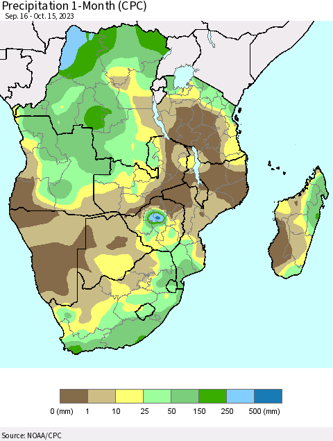 Southern Africa Precipitation 1-Month (CPC) Thematic Map For 9/16/2023 - 10/15/2023