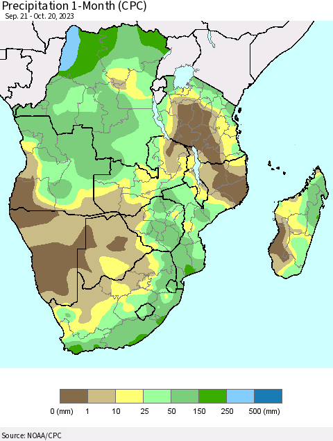 Southern Africa Precipitation 1-Month (CPC) Thematic Map For 9/21/2023 - 10/20/2023